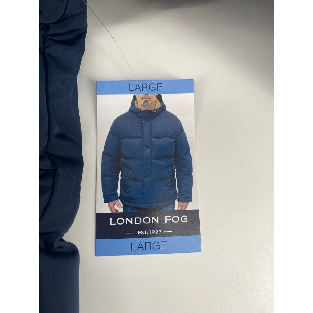 London Fog Hooded Puffer Jacket Mens Large Navy Blue Full Zip Quilted Coat NEW